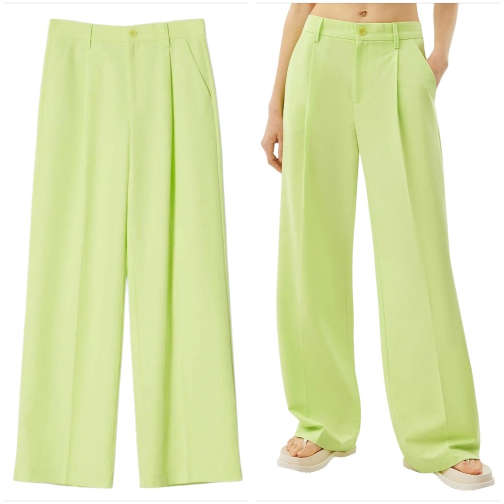 Bershka High Waist Wide Leg‎ Pleated Trousers Womens 4 Lime Green Tailored Pants